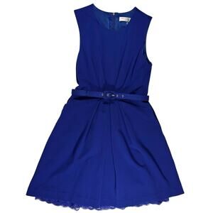 Trina Turk Royal Blue A-Line Belted Dress Women’s 6 Lace Hem Pockets Lined